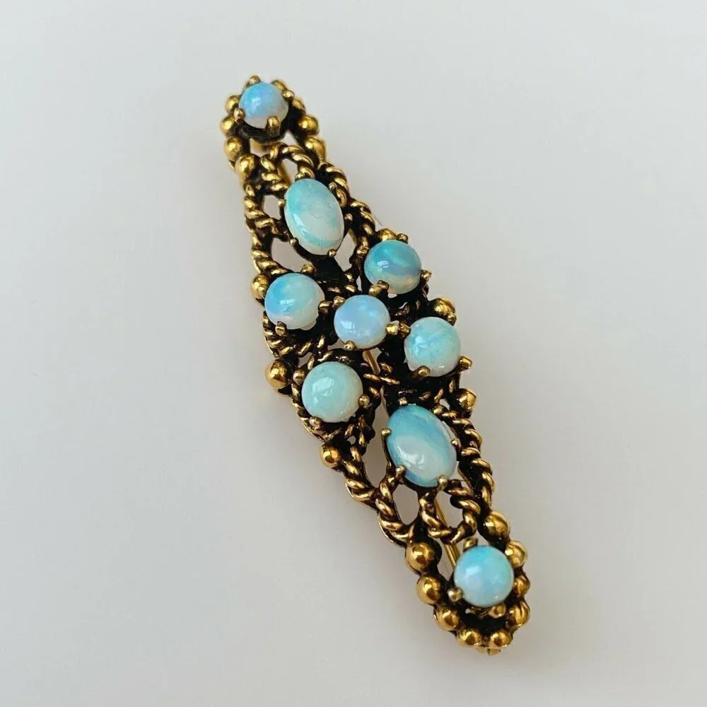 Vintage 14k Solid Yellow Gold Opal Bar Brooch Pin